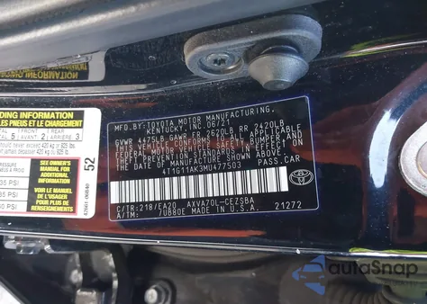 2021 Toyota Camry Se из США, поврежденный, VIN 4T1G11AK3MU477503